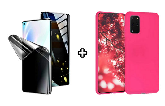 Set Husa Silicon plus Folie din silicon Privacy compatibila cu Samsung Galaxy S20 Plus, roz neon, protectie 360