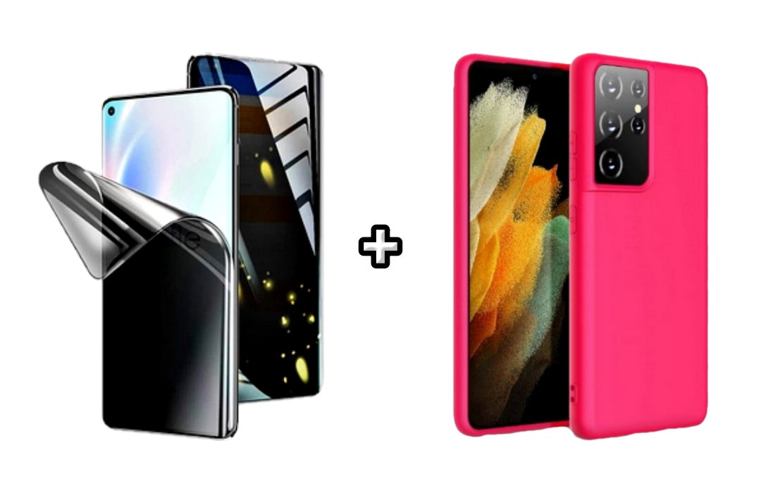Set Husa Silicon plus Folie din silicon Privacy compatibila cu Samsung Galaxy S24 Ultra, roz neon, protectie 360