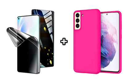 Set Husa Silicon plus Folie din silicon Privacy compatibila cu Samsung Galaxy S23 Plus, roz neon, protectie 360