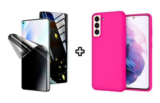 Set Husa Silicon plus Folie din silicon Privacy compatibila cu Samsung Galaxy S24 Plus, roz neon, protectie 360