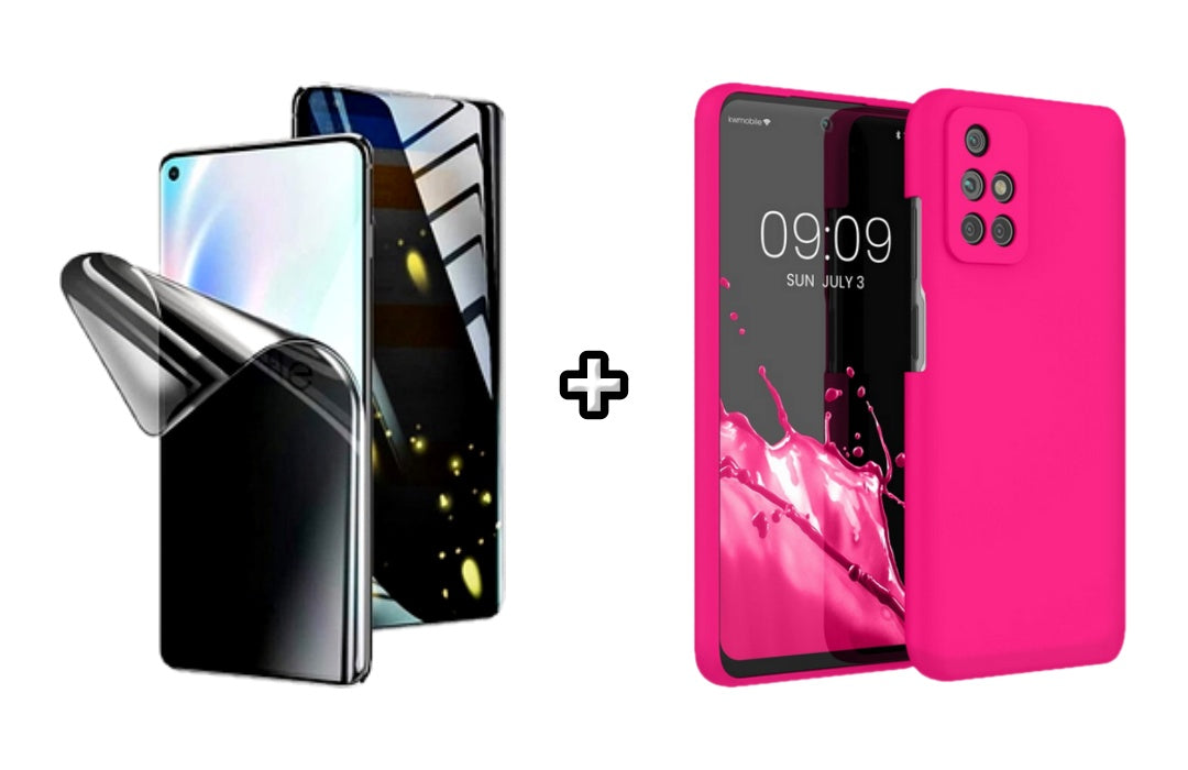 Set Husa Silicon plus Folie din silicon Privacy compatibila cu Xiaomi Redmi 10, roz neon, protectie 360