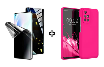 Set Husa Silicon plus Folie din silicon Privacy compatibila cu Xiaomi Redmi 10, roz neon, protectie 360
