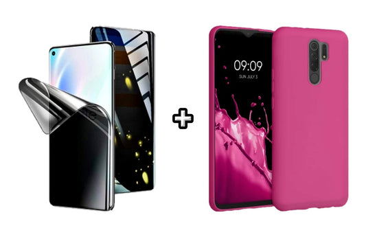 Set Husa Silicon plus Folie din silicon Privacy compatibila cu Xiaomi Redmi 9, roz neon, protectie 360