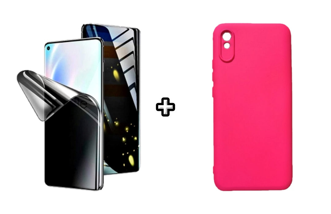Set Husa Silicon plus Folie din silicon Privacy compatibila cu Xiaomi Redmi 9A, roz neon, protectie 360