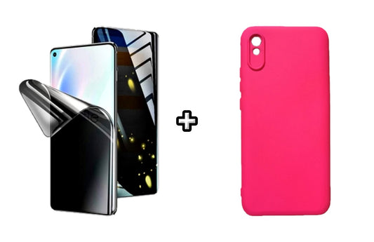 Set Husa Silicon plus Folie din silicon Privacy compatibila cu Xiaomi Redmi 9A, roz neon, protectie 360