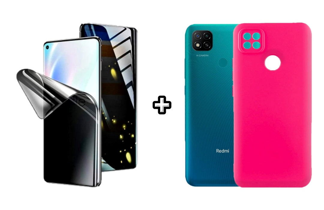 Set Husa Silicon plus Folie din silicon Privacy compatibila cu Xiaomi Redmi 9C, roz neon, protectie 360