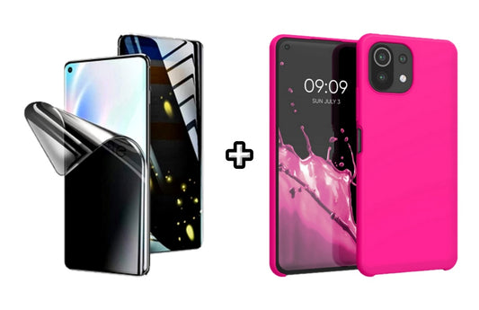 Set Husa Silicon plus Folie din silicon Privacy compatibila cu Xiaomi Mi 11 Lite, roz neon, protectie 360