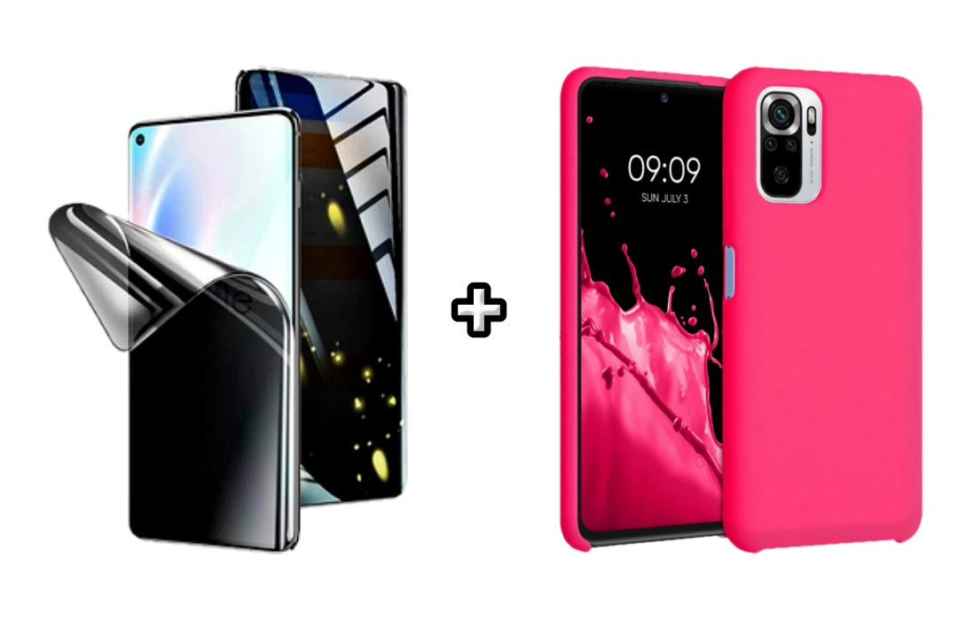 Set Husa Silicon plus Folie din silicon Privacy compatibila cu Xiaomi Redmi Note 10 Pro, roz neon, protectie 360