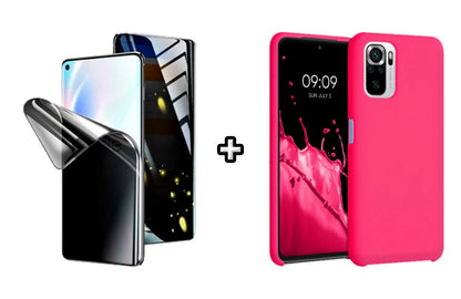 Set Husa Silicon plus Folie din silicon Privacy compatibila cu Xiaomi Redmi Note 10s, roz neon, protectie 360