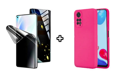Set Husa Silicon plus Folie din silicon Privacy compatibila cu Xiaomi Redmi Note 11 Pro, roz neon, protectie 360