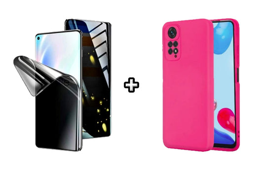 Set Husa Silicon plus Folie din silicon Privacy compatibila cu Xiaomi Redmi Note 11, roz neon, protectie 360