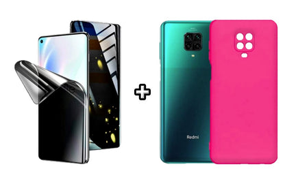 Set Husa Silicon plus Folie din silicon Privacy compatibila cu Xiaomi Redmi Note 9 Pro, roz neon, protectie 360