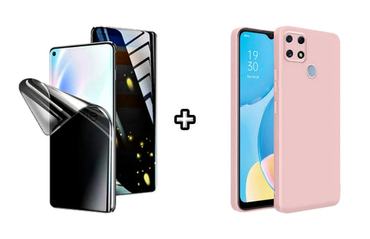 Set Husa Silicon plus Folie din silicon Privacy compatibila cu OPPO A15, roz pudra, protectie 360