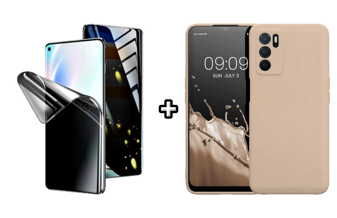Set Husa Silicon plus Folie din silicon Privacy compatibila cu OPPO A16, roz pudra, protectie 360