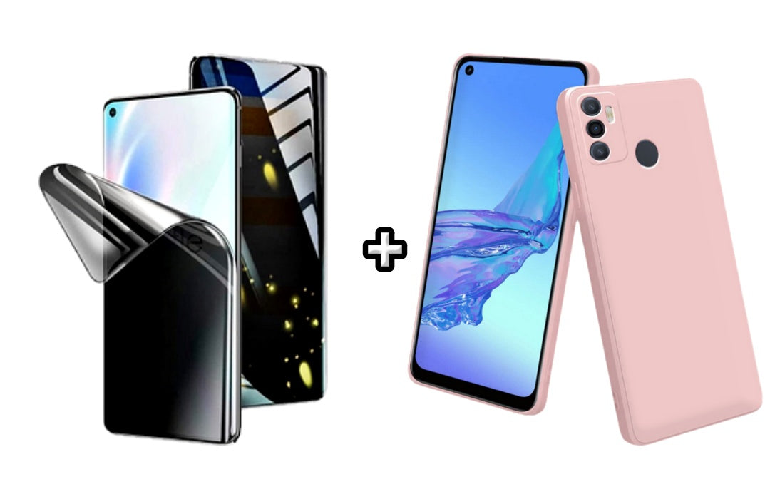 Set Husa Silicon plus Folie din silicon Privacy compatibila cu OPPO A33 4G, roz pudra, protectie 360
