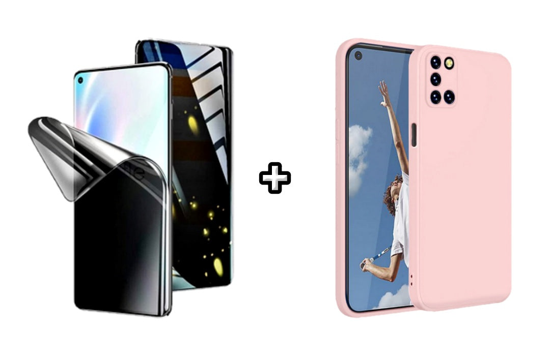 Set Husa Silicon plus Folie din silicon Privacy compatibila cu OPPO A72, roz pudra, protectie 360