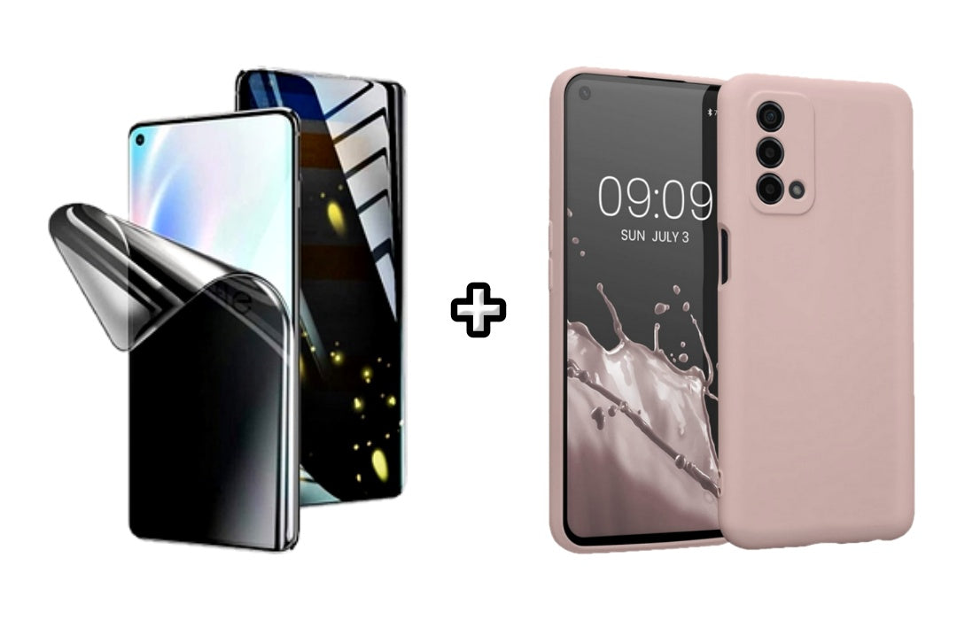 Set Husa Silicon plus Folie din silicon Privacy compatibila cu OPPO A74 4G, roz pudra, protectie 360