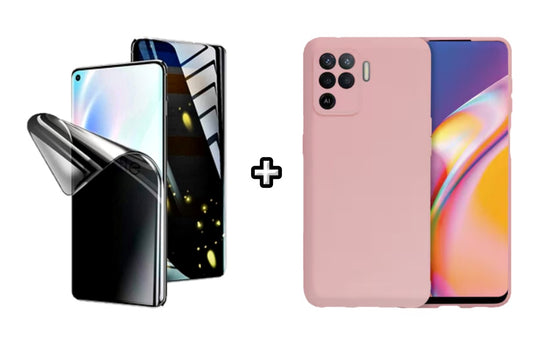 Set Husa Silicon plus Folie din silicon Privacy compatibila cu OPPO Reno5 Lite, roz pudra, protectie 360