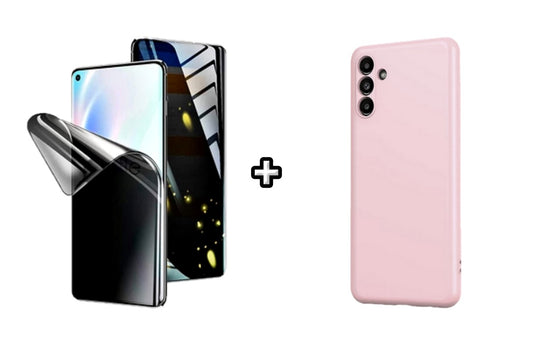 Set Husa Silicon plus Folie din silicon Privacy compatibila cu Samsung Galaxy A04s, roz pudra, protectie 360