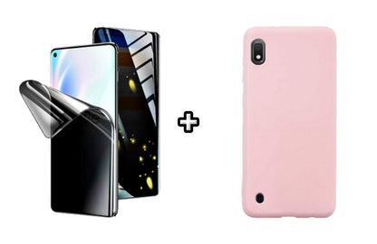 Set Husa Silicon plus Folie din silicon Privacy compatibila cu Samsung Galaxy A10, roz pudra, protectie 360