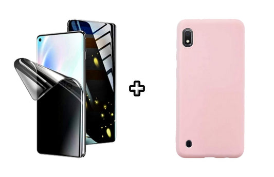 Set Husa Silicon plus Folie din silicon Privacy compatibila cu Samsung Galaxy A10, roz pudra, protectie 360