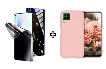 Set Husa Silicon plus Folie din silicon Privacy compatibila cu Samsung Galaxy A22 4G, roz pudra, protectie 360