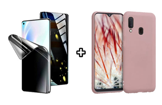 Set Husa Silicon plus Folie din silicon Privacy compatibila cu Samsung Galaxy A20E, roz pudra, protectie 360