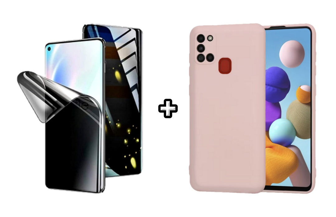 Set Husa Silicon plus Folie din silicon Privacy compatibila cu Samsung Galaxy A21s, roz pudra, protectie 360