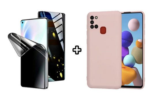 Set Husa Silicon plus Folie din silicon Privacy compatibila cu Samsung Galaxy A21s, roz pudra, protectie 360