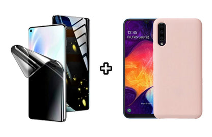 Set Husa Silicon plus Folie din silicon Privacy compatibila cu Samsung Galaxy A50, roz pudra, protectie 360