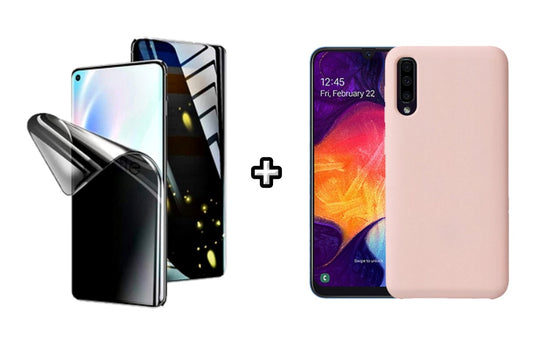 Set Husa Silicon plus Folie din silicon Privacy compatibila cu Samsung Galaxy A50, roz pudra, protectie 360