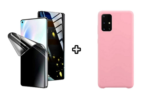 Set Husa Silicon plus Folie din silicon Privacy compatibila cu Samsung Galaxy A51, roz pudra, protectie 360