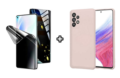 Set Husa Silicon plus Folie din silicon Privacy compatibila cu Samsung Galaxy A23, roz pudra, protectie 360