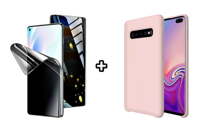 Set Husa Silicon plus Folie din silicon Privacy compatibila cu Samsung Galaxy S10, roz pudra, protectie 360