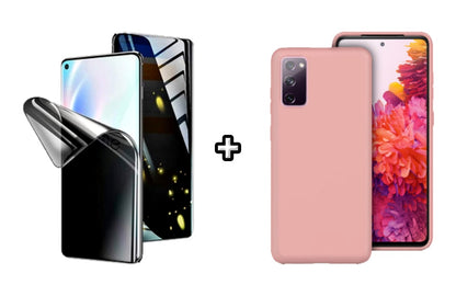 Set Husa Silicon plus Folie din silicon Privacy compatibila cu Samsung Galaxy S20 FE, roz pudra, protectie 360