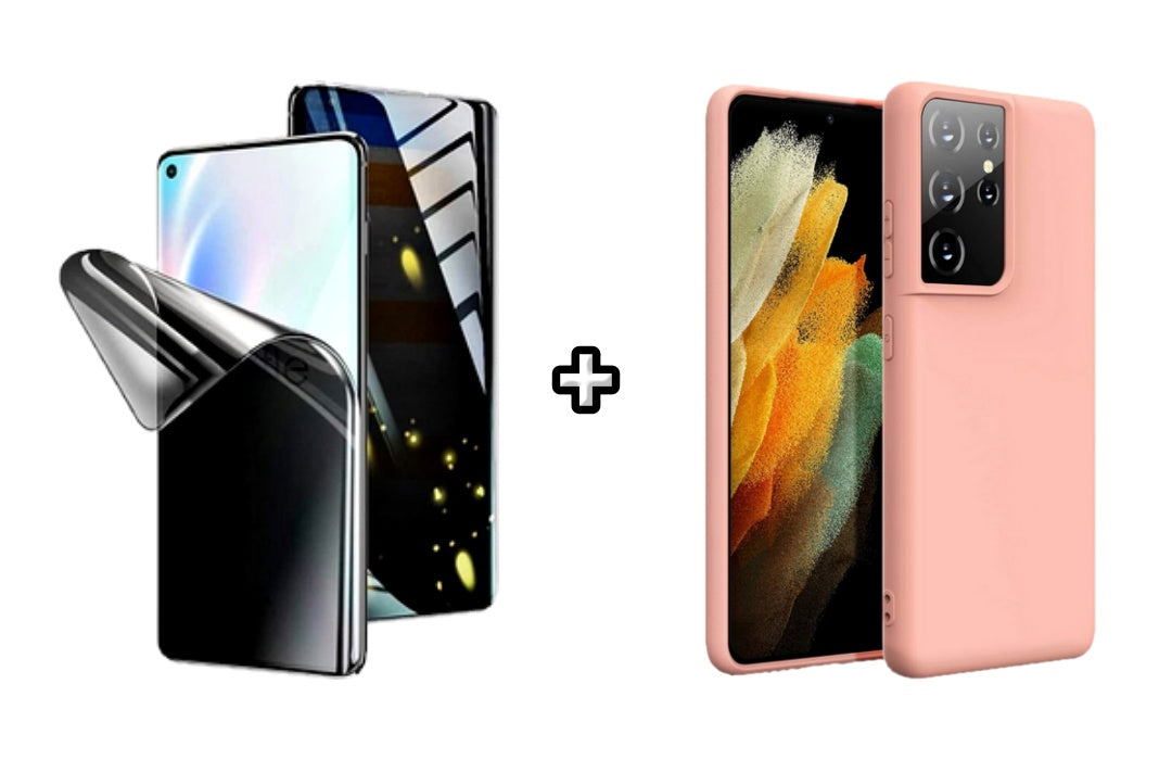 Set Husa Silicon plus Folie din silicon Privacy compatibila cu Samsung Galaxy S24 Ultra, roz pudra, protectie 360