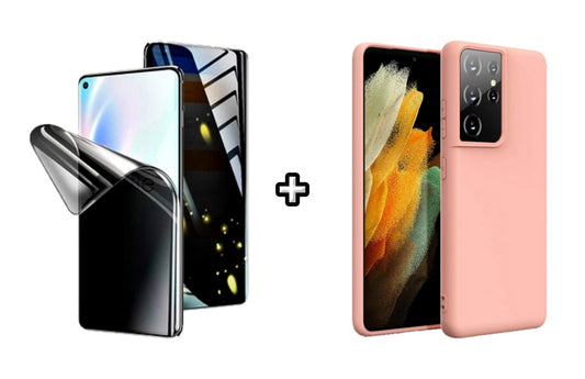 Set Husa Silicon plus Folie din silicon Privacy compatibila cu Samsung Galaxy S23 Ultra, roz pudra, protectie 360