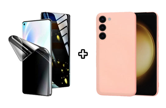 Set Husa Silicon plus Folie din silicon Privacy compatibila cu Samsung Galaxy S24 Plus, roz pudra, protectie 360