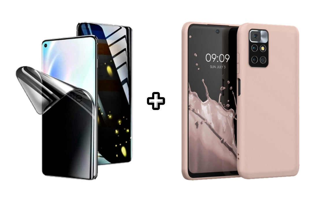 Set Husa Silicon plus Folie din silicon Privacy compatibila cu Xiaomi Redmi 10, roz pudra, protectie 360