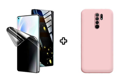 Set Husa Silicon plus Folie din silicon Privacy compatibila cu Xiaomi Redmi 9, roz pudra, protectie 360