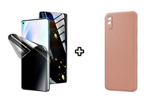 Set Husa Silicon plus Folie din silicon Privacy compatibila cu Xiaomi Redmi 9A, roz pudra, protectie 360
