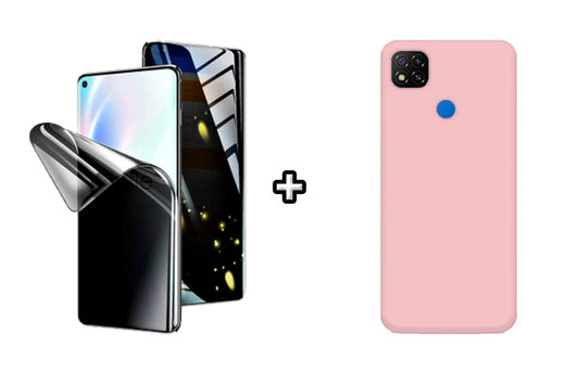 Set Husa Silicon plus Folie din silicon Privacy compatibila cu Xiaomi Redmi 9C, roz pudra, protectie 360