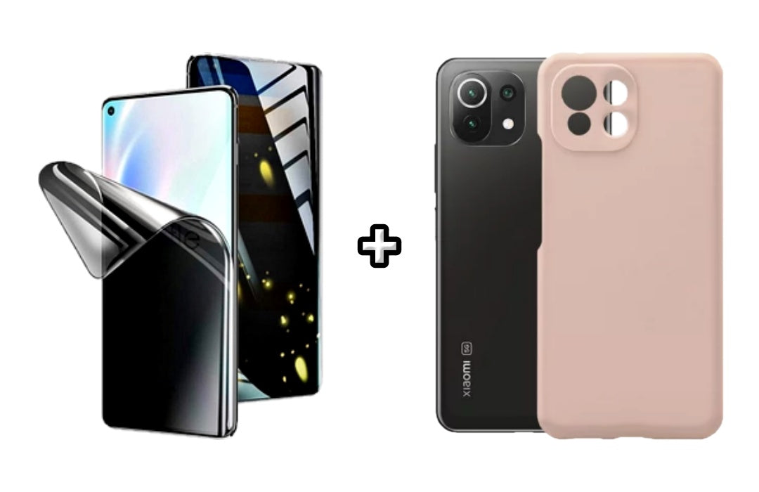 Set Husa Silicon plus Folie din silicon Privacy compatibila cu Xiaomi Mi 11 Lite, roz pudra, protectie 360