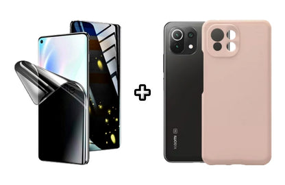 Set Husa Silicon plus Folie din silicon Privacy compatibila cu Xiaomi Mi 11 Lite, roz pudra, protectie 360