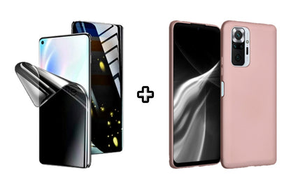 Set Husa Silicon plus Folie din silicon Privacy compatibila cu Xiaomi Redmi Note 10 Pro, roz pudra, protectie 360
