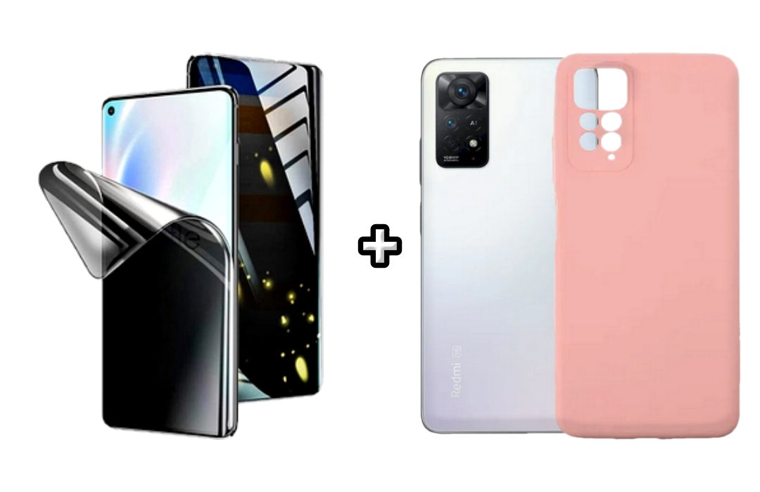 Set Husa Silicon plus Folie din silicon Privacy compatibila cu Xiaomi Redmi Note 11 Pro, roz pudra, protectie 360