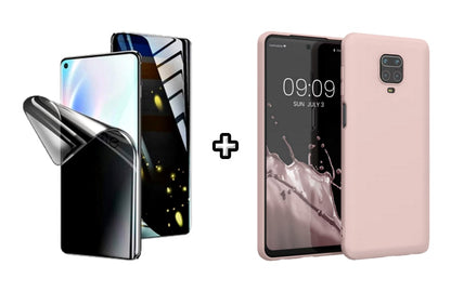 Set Husa Silicon plus Folie din silicon Privacy compatibila cu Xiaomi Redmi Note 9s, roz pudra, protectie 360