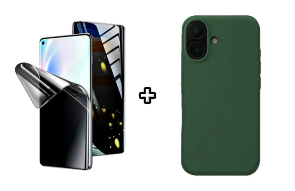 Set Husa Silicon plus Folie din silicon Privacy compatibila cu Apple iPhone 16, verde inchis, protectie 360