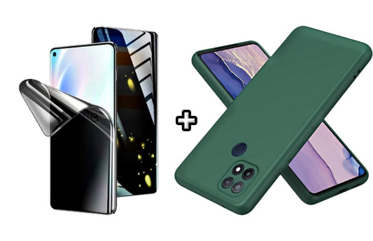 Set Husa Silicon plus Folie din silicon Privacy compatibila cu OPPO A15, verde inchis, protectie 360