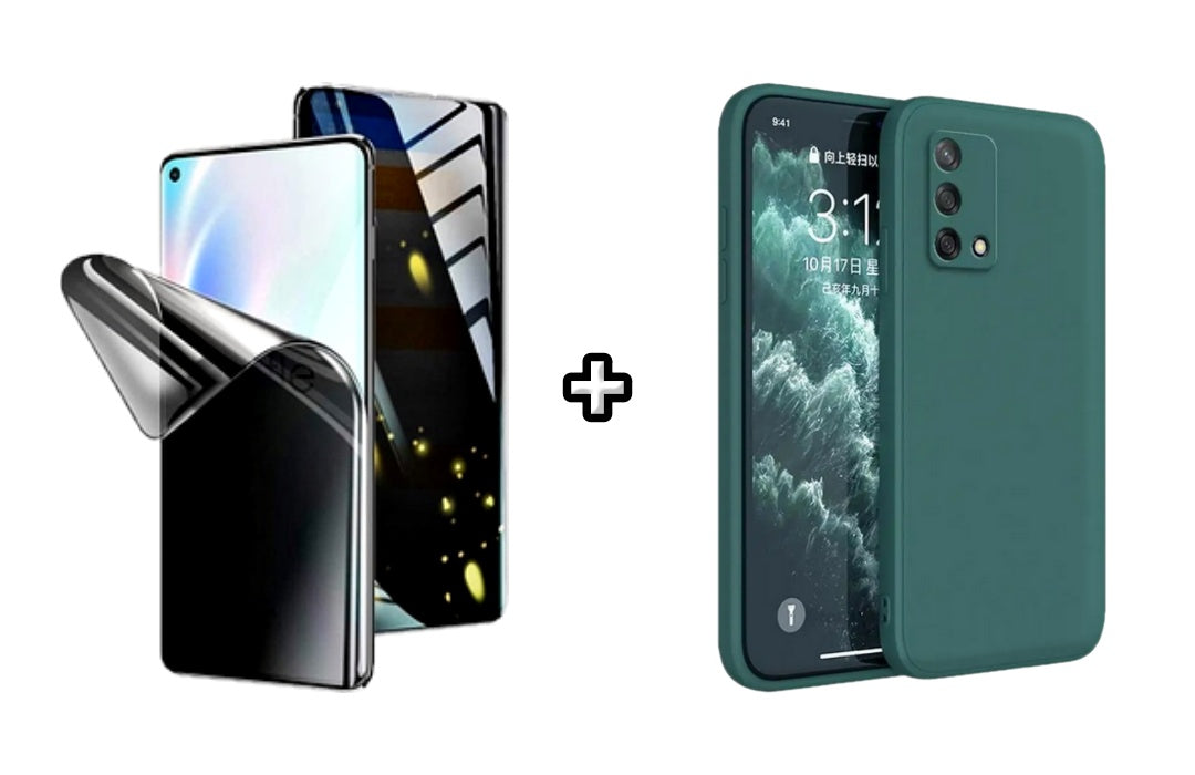 Set Husa Silicon plus Folie din silicon Privacy compatibila cu OPPO A74 4G, verde inchis, protectie 360